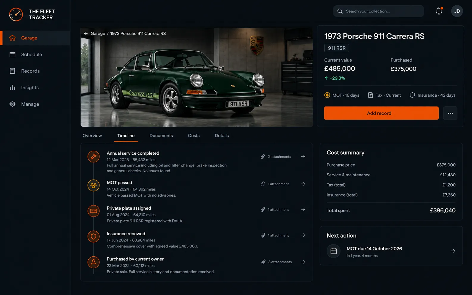 Vehicle profile timeline showing a private plate assignment alongside MOT, service and insurance records