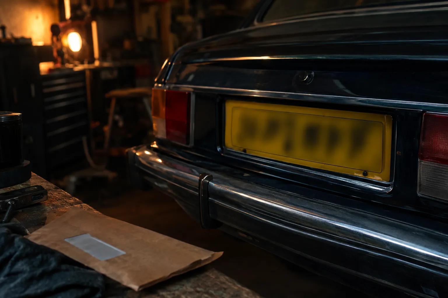 Classic car rear number plate in a home garage