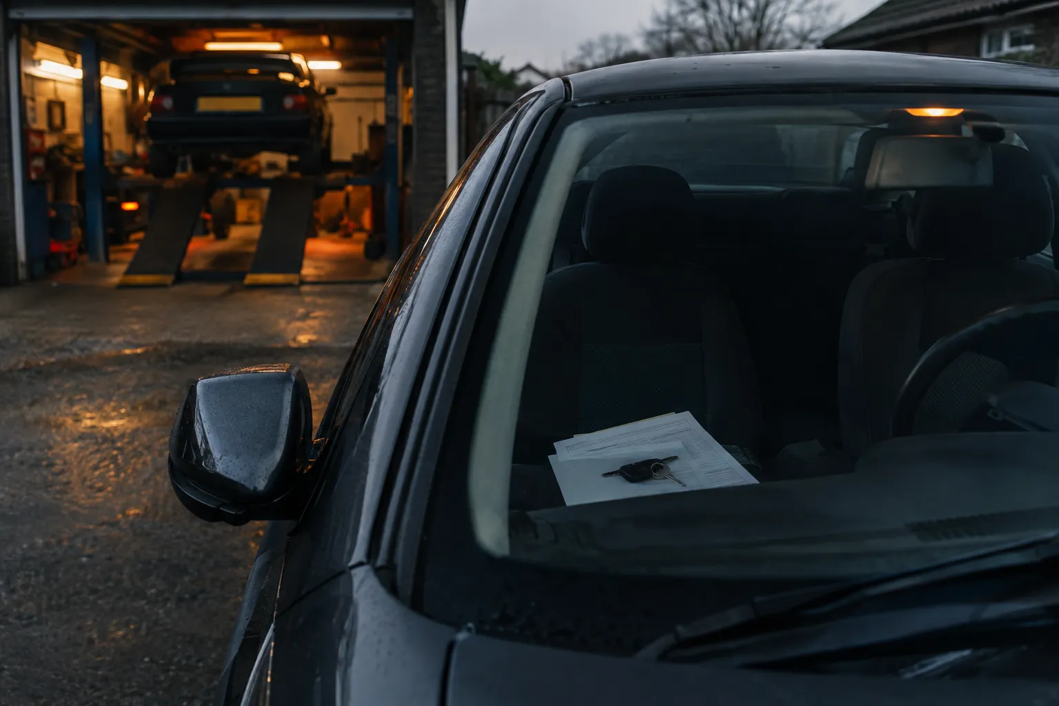 Car dashboard with MOT paperwork and keys on the passenger seat
