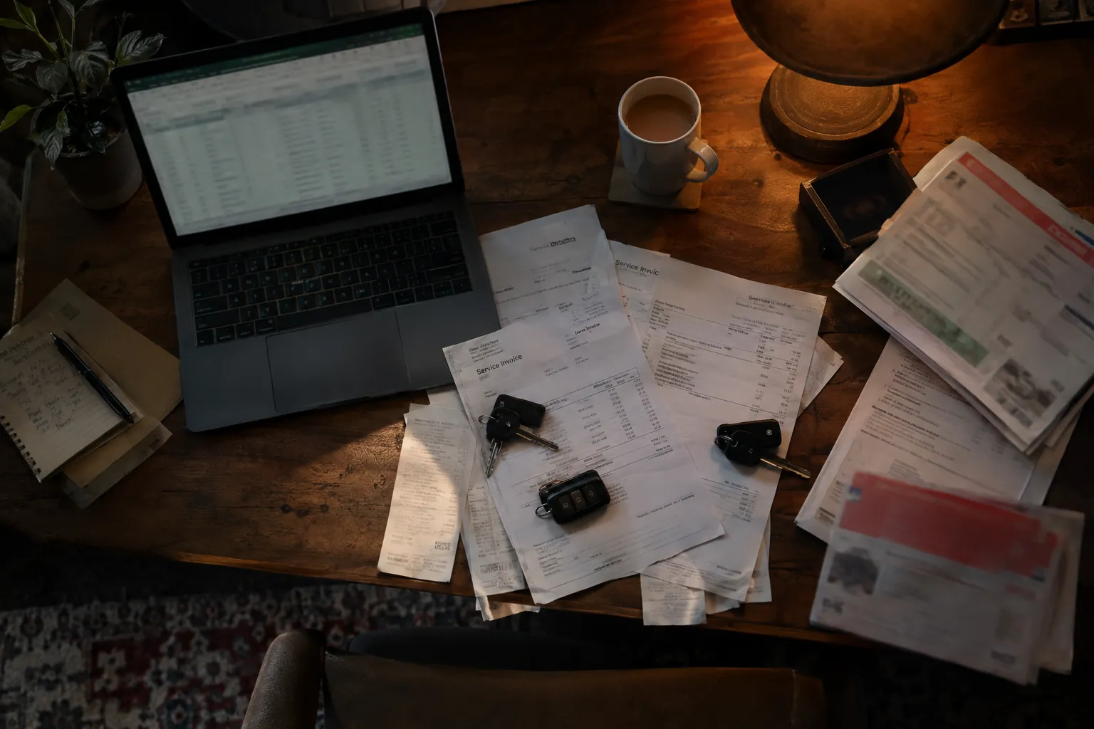 Desk covered in car invoices, keys and a laptop spreadsheet
